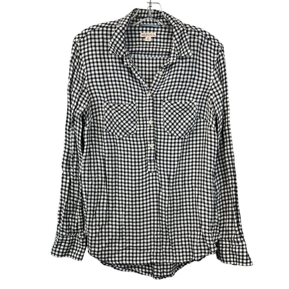 Merona Women’s Long Sleeve Pullover Collared Top Navy/White Check M Pockets